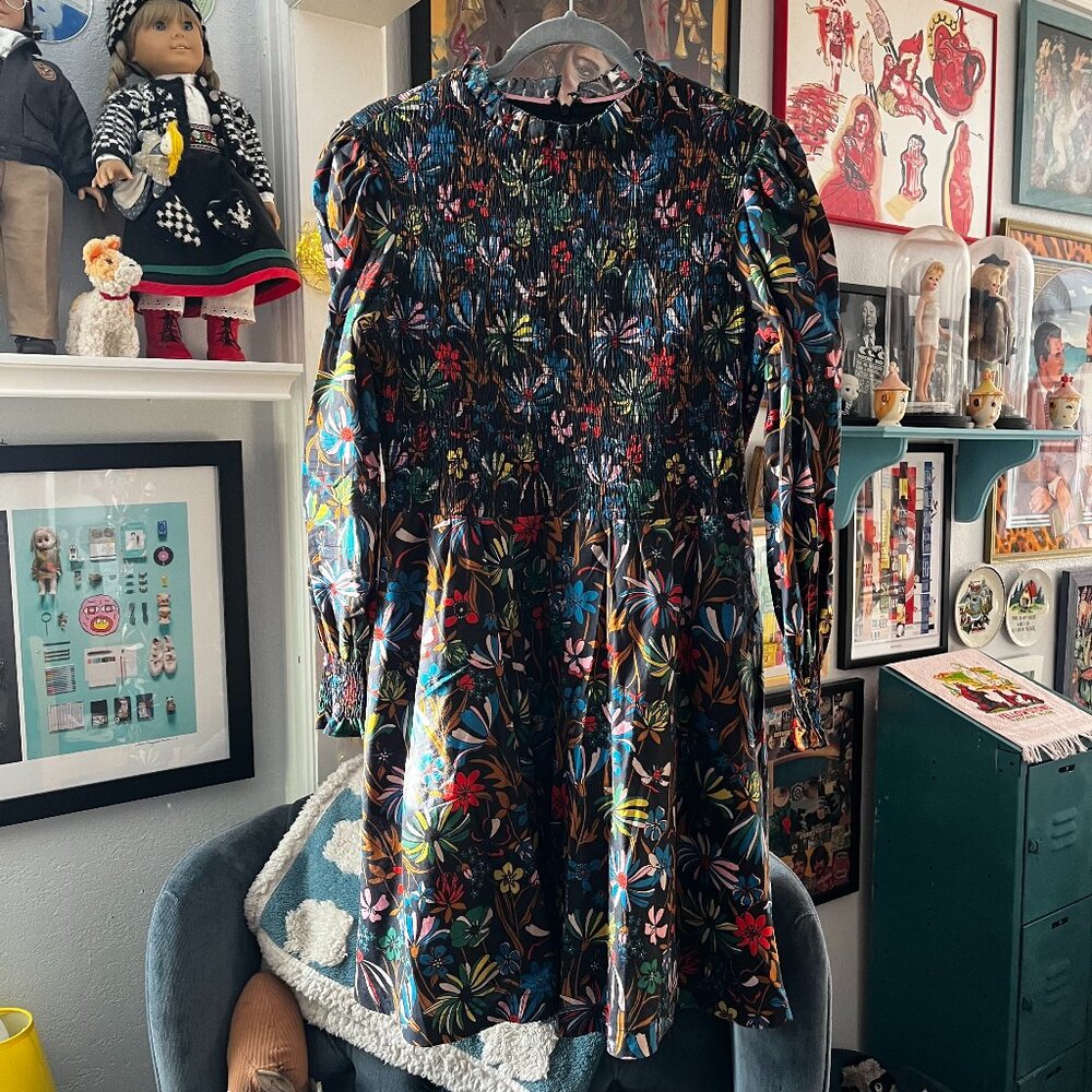 Boden Frill Neck Smocked Dress Black "Wild Dandelion" UK 12 US 8 EUC Knee Length